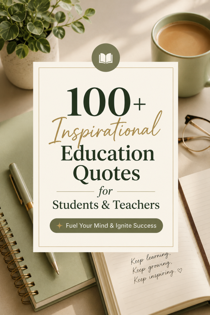 Education Quotes: A minimalist aesthetic desk setup with a notebook and pen, representing 100+ inspirational education quotes for students and teachers.