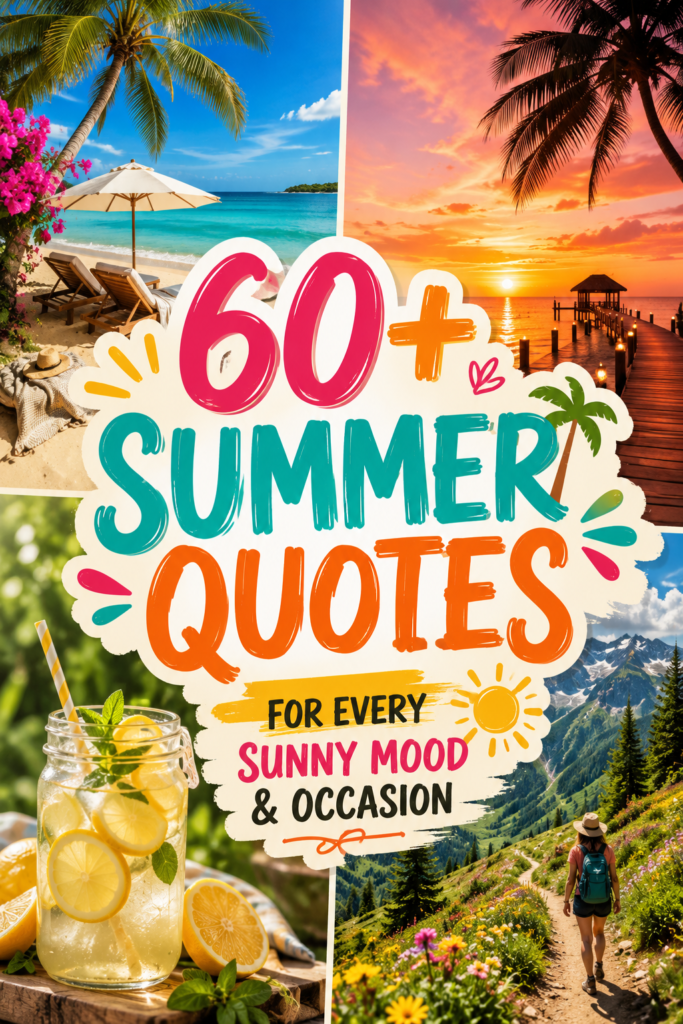 Summer quotes: A vibrant Pinterest pin graphic featuring a four-panel summer photo collage (beach, sunset, drink, hike), overlaid with the bold text "60+ SUMMER QUOTES - FOR EVERY SUNNY MOOD".