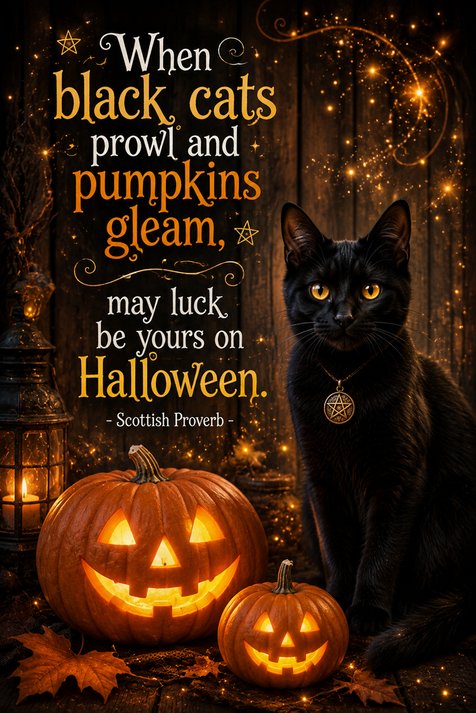 A charming black cat sitting next to glowing pumpkins with magical sparkles.