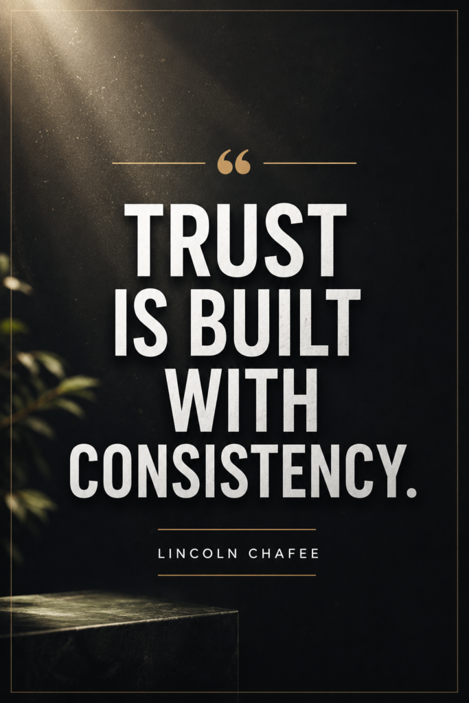 High-quality professional pin stating "Trust is built with consistency." Leadership and relationship building advice.