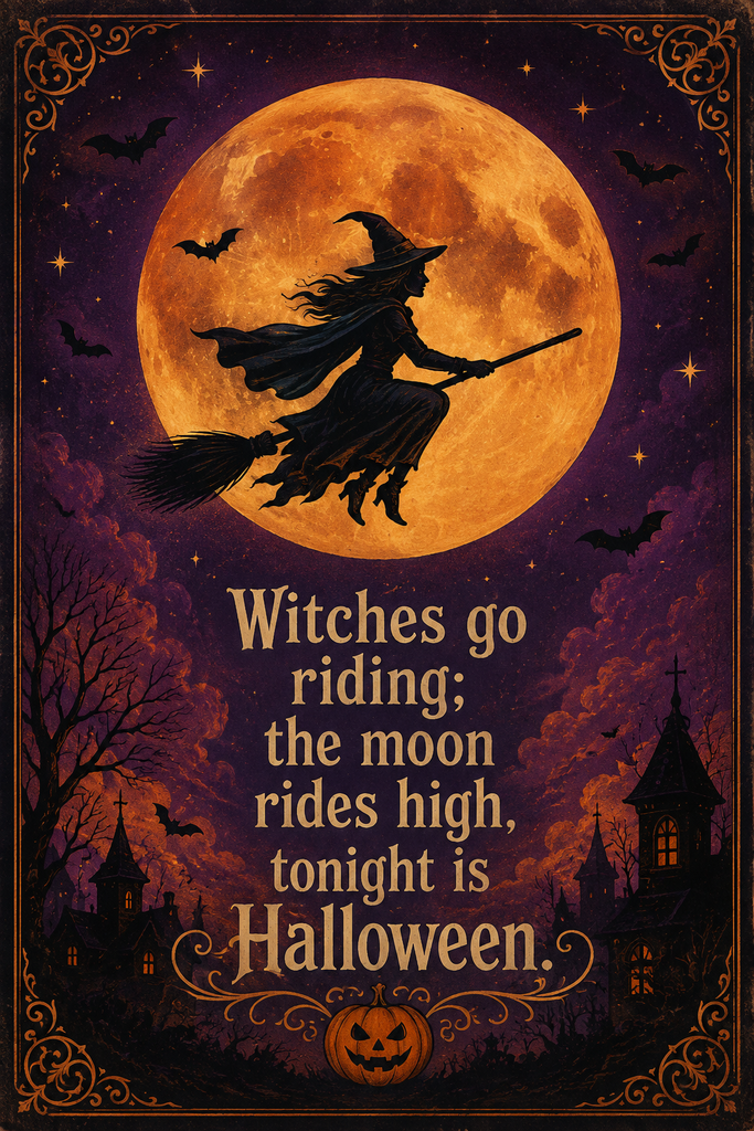 A vintage-style silhouette of a witch flying across a giant moon on Halloween night.