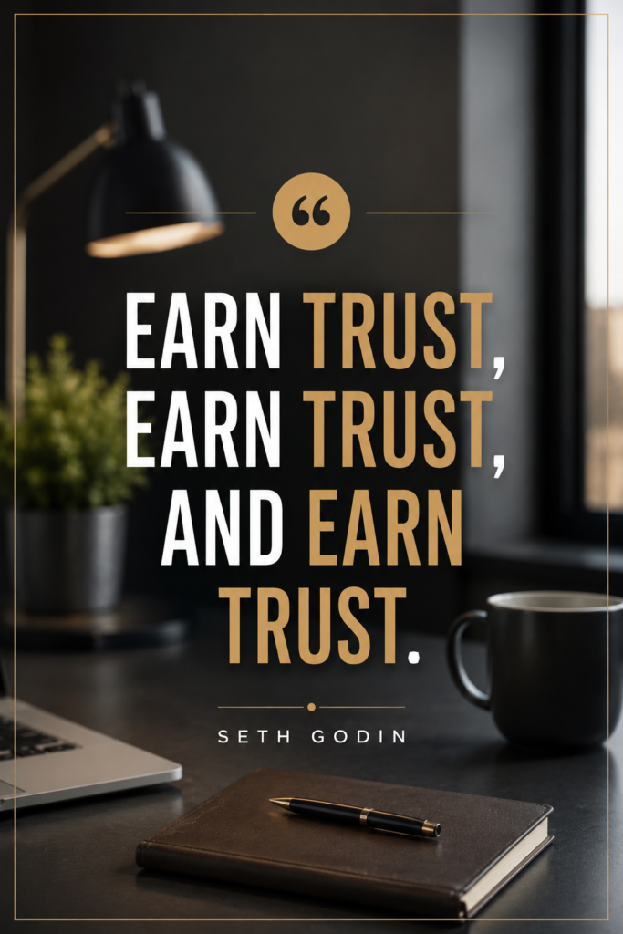 Bold modern typography pin: "Earn trust, earn trust, and earn trust." Seth Godin's advice on building credibility.