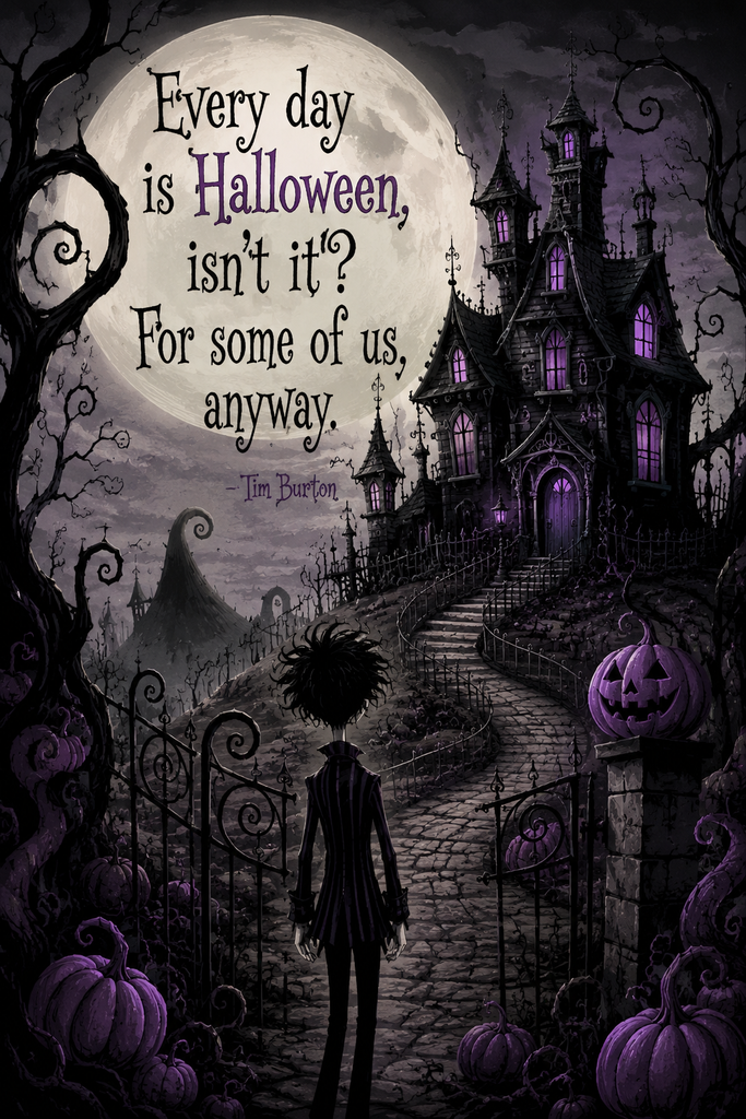 A whimsical gothic Victorian mansion designed in a unique Tim Burton style.