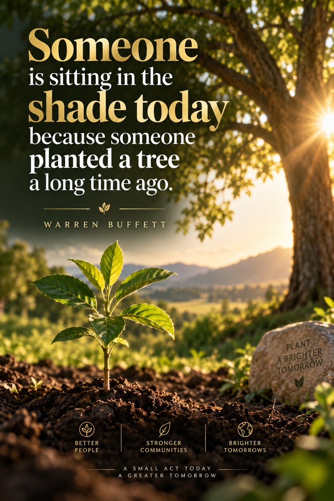 An inspiring nature-themed graphic featuring Warren Buffett's wisdom on legacy planning and quotes about life insurance.