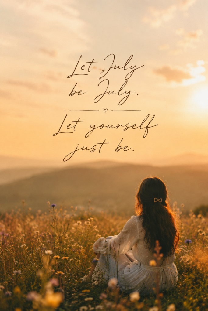 A person sitting in a field of wildflowers with blurred background, overlayed with the quote 'Let July be July'. July Quotes