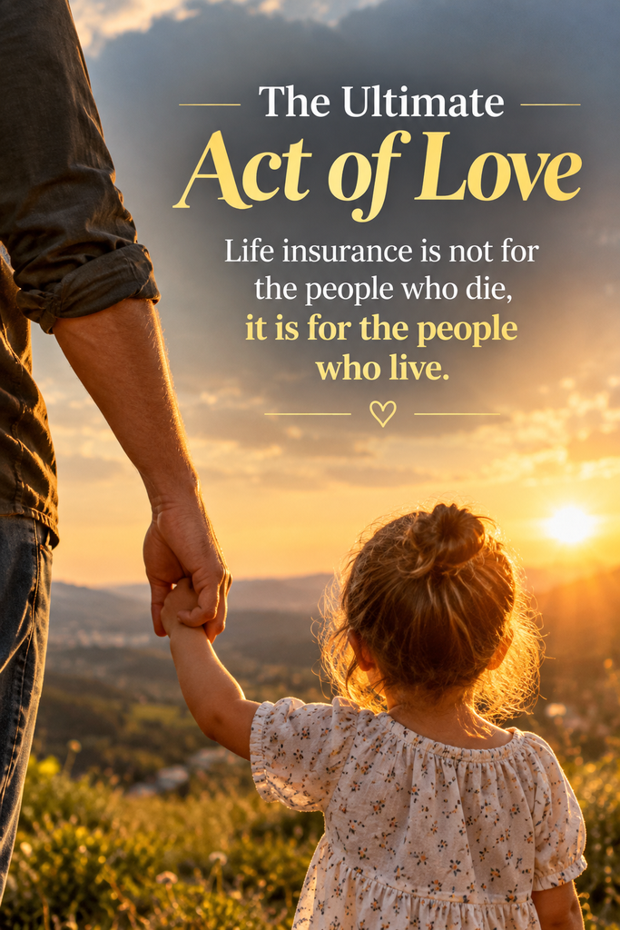 An emotional visual highlighting quotes about life insurance as an act of love, featuring family protection and financial security insights.
