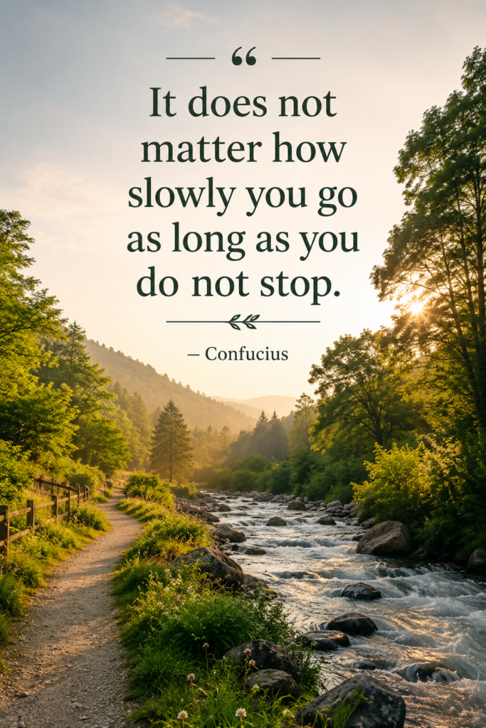 Vertical Pinterest pin with a serene nature background symbolizing steady, slow progress.