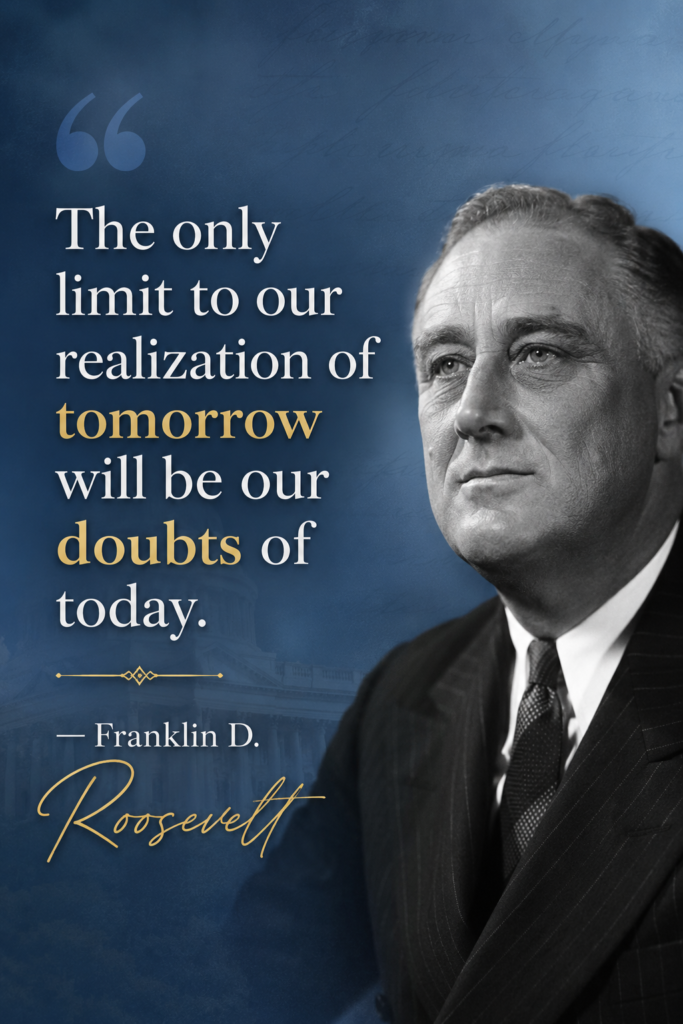 Vertical Pinterest pin featuring the quote about tomorrow's limits and today's doubts by Franklin D. Roosevelt.