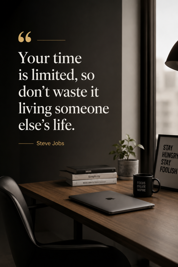 Vertical Pinterest pin with a sleek, minimalist workspace background focused on authentic living.