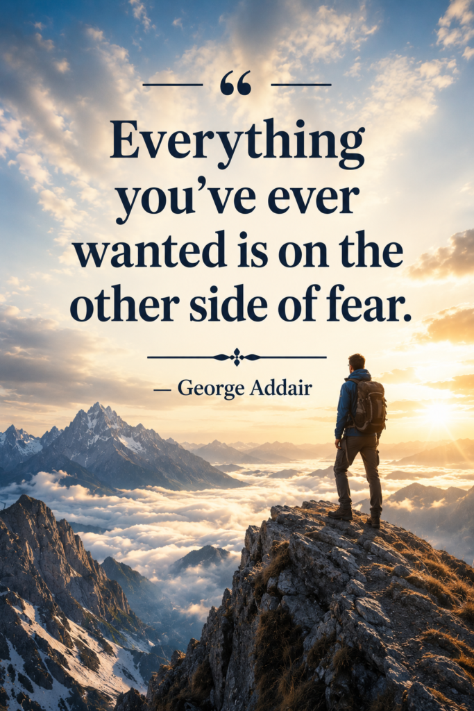 Vertical Pinterest pin with a dramatic mountain landscape background representing courage and breaking fears.