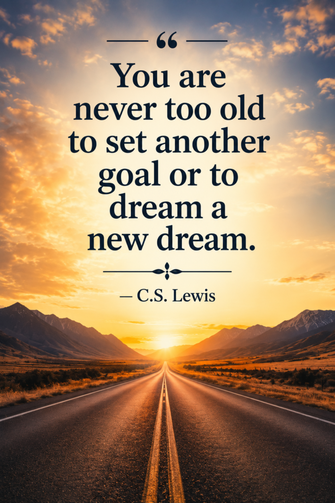 Vertical Pinterest pin featuring an open road horizon background for new life goals.