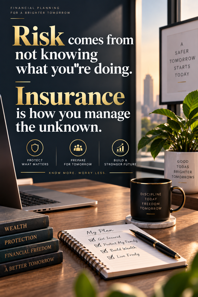 A sleek minimalist workspace graphic highlighting proactive risk management and financial literacy through life insurance.