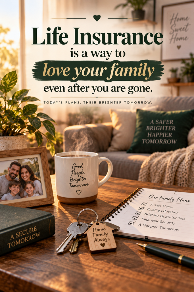 A cozy home setting displaying quotes about life insurance focused on preserving family lifestyle, mortgage safety, and daily expenses.