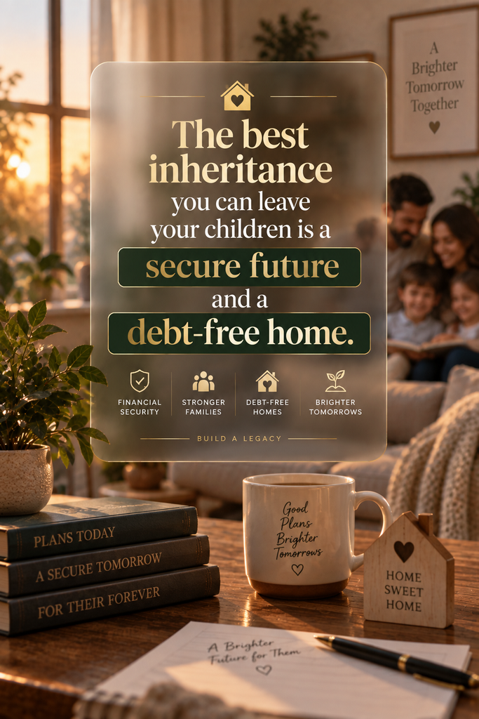 A warm family-oriented design focused on leaving a secure future, debt-free home, and lasting inheritance for children.