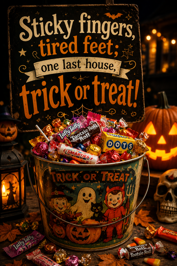 A vintage bucket overflowing with candies and sweets with glowing pumpkins in the background