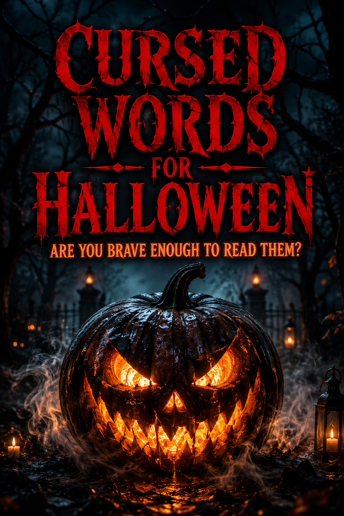 A cinematic shot of a sinister glowing Jack-o'-lantern with bold red text overlay reading "Cursed Words for Halloween - Are you brave enough to read them?".