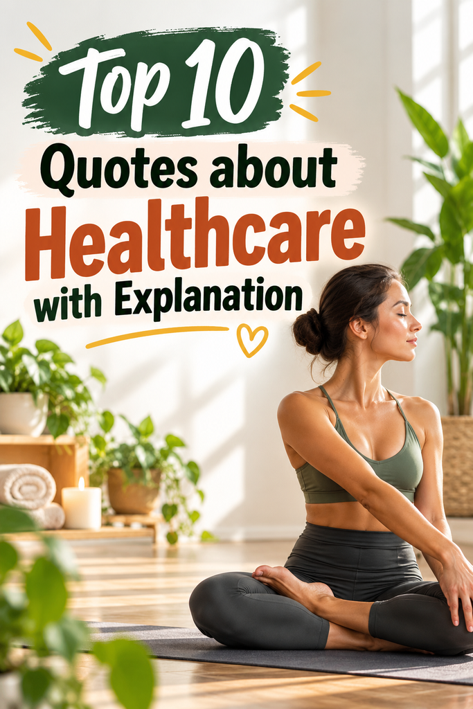 A wellness-inspired healthcare quote pin featuring the title “Top 10 Quotes About Healthcare With Explanation.” The design shows a person practicing meditation in a peaceful environment and represents health motivation, self-care, healthcare awareness, wellness inspiration, and positive lifestyle habits.