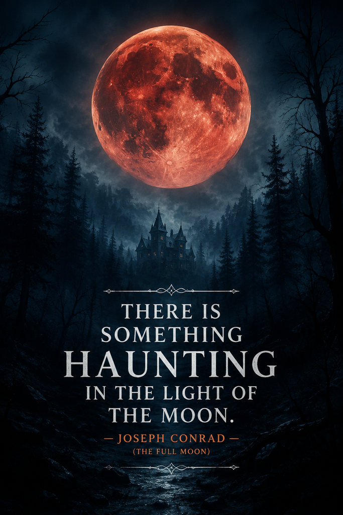 A massive glowing moon rising over a dark silhouette forest for a spooky Halloween pin.