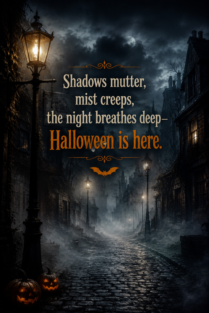 A foggy midnight street lit by an eerie gas lamp for an atmospheric Halloween aesthetic.
