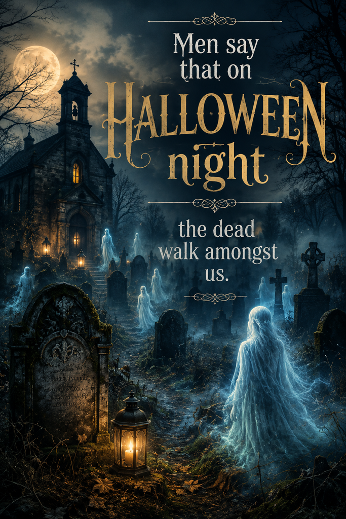 An eerie graveyard at twilight with ethereal glowing spirits rising from old tombstones.
