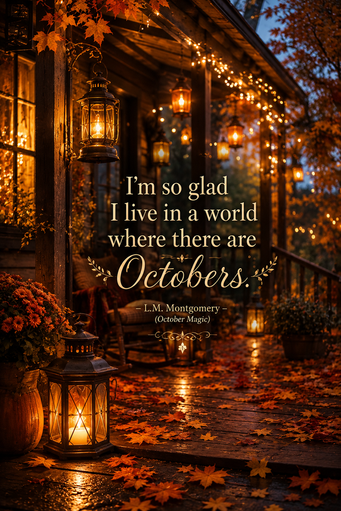A cozy autumn porch illuminated by warm vintage lanterns and golden leaves for a fall quote pin