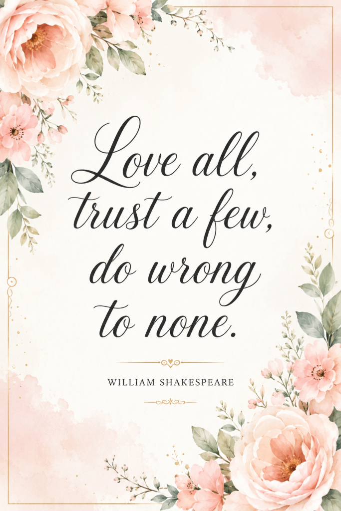 Elegant pin featuring Shakespearean quote "Love all, trust a few, do wrong to none." Classic wisdom for relationships.