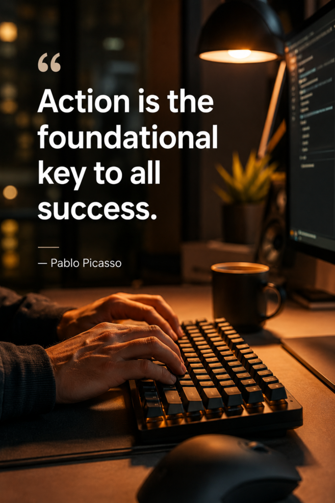 Close-up of hands working on a keyboard with warm desk lighting and the Pablo Picasso success quote.
