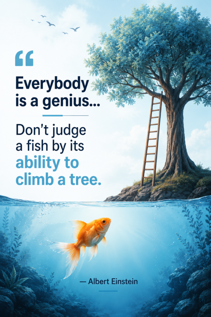 Creative conceptual pastel design featuring Albert Einstein's inspiring quote about everyone being a genius and unique talents.