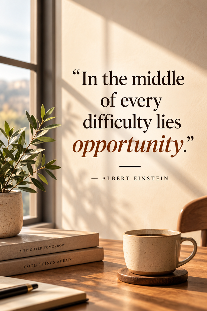 An inspiring good life quote graphic by Albert Einstein focusing on finding opportunity inside difficulties.