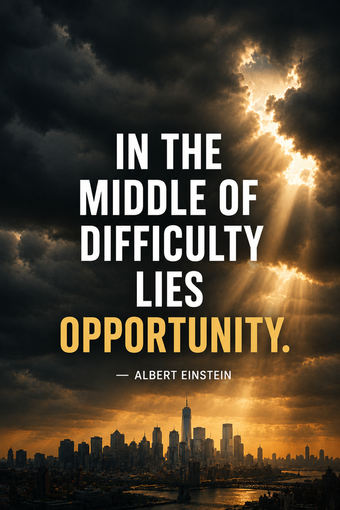 Bright sunlight breaking through dark storm clouds with an Albert Einstein quote about difficulty and opportunity.