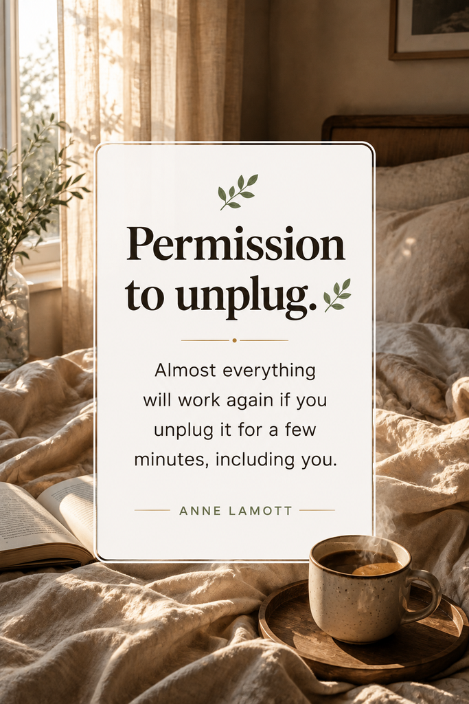Cozy flat lay of an unmade linen bed and a steaming cup of coffee with soft window light, featuring an Anne Lamott quote about unplugging.