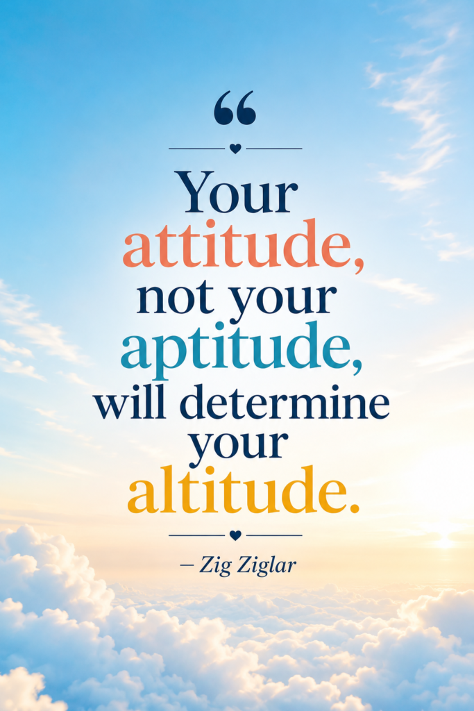 Bright sky and clouds minimalist graphic background featuring Zig Ziglar's famous altitude and attitude quote.