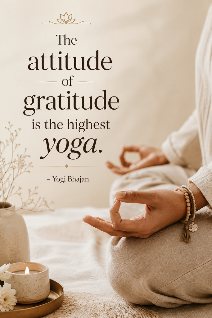 Close-up of peaceful hands in a mudra gesture with neutral tones, featuring a quote about gratitude and mindfulness.