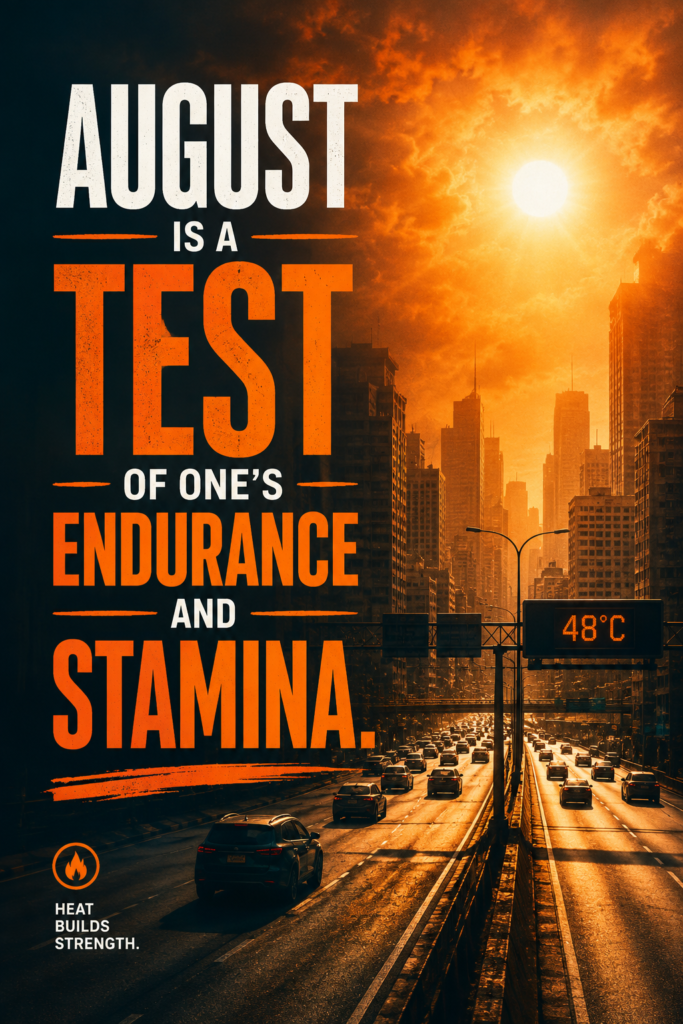 Cinematic hot city street highway with heat waves rising, modern text reads: "August is a test of one's endurance and stamina."