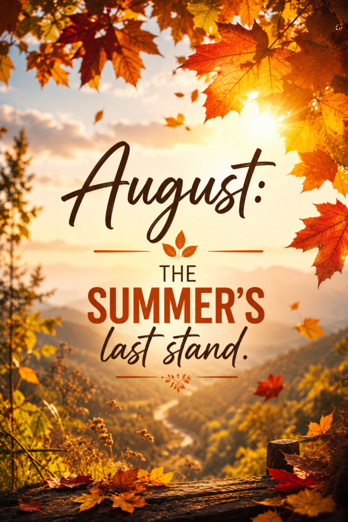 august quotes: A vertical Pinterest pin with golden autumn leaves and warm sunlight, featuring the text "August: The summer's last stand" in clean modern typography.