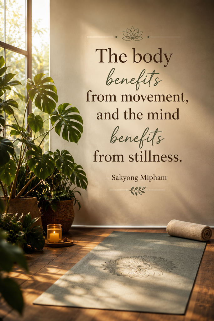Cozy indoor yoga setup with plants and morning light, displaying a profound quote about body movement and mental stillness.