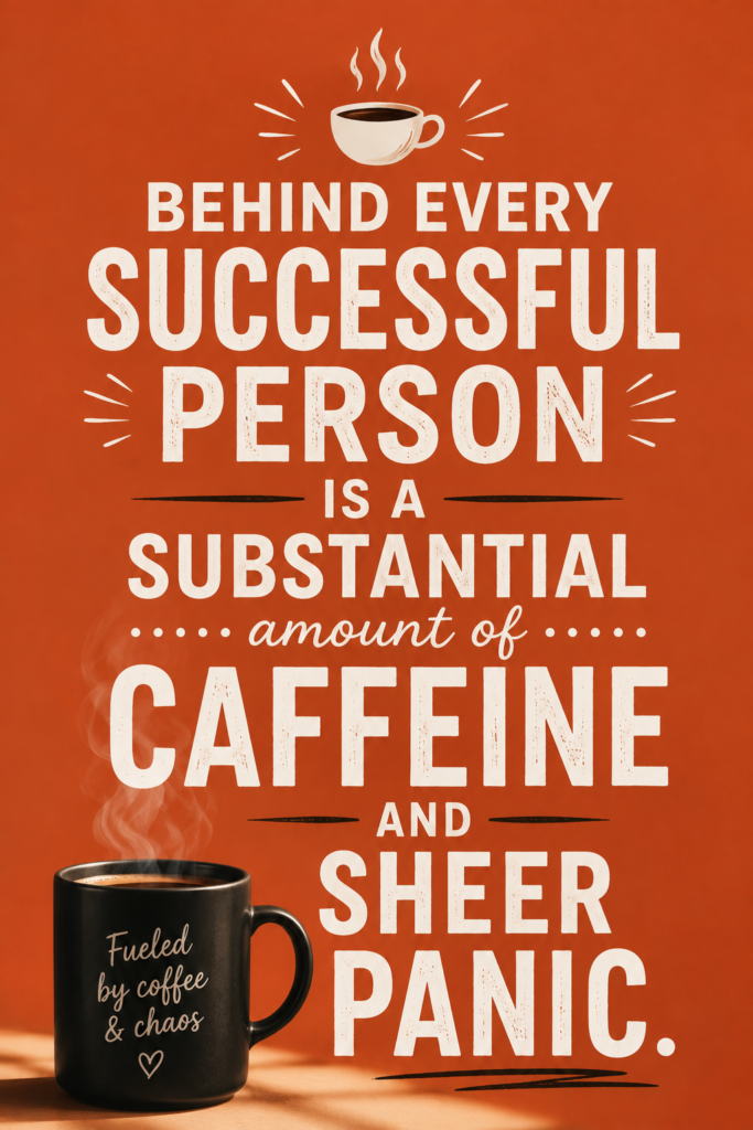 Terracotta background Pinterest pin with bold white text showcasing a witty entrepreneur quote about caffeine and hustle.