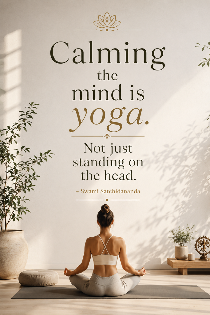 Clean minimalist typography layout featuring a powerful quote about calming the mind through yoga practice.