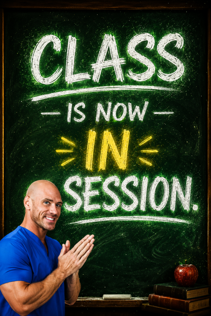 Glowing chalk on a dark chalkboard reading "Class is now in session."