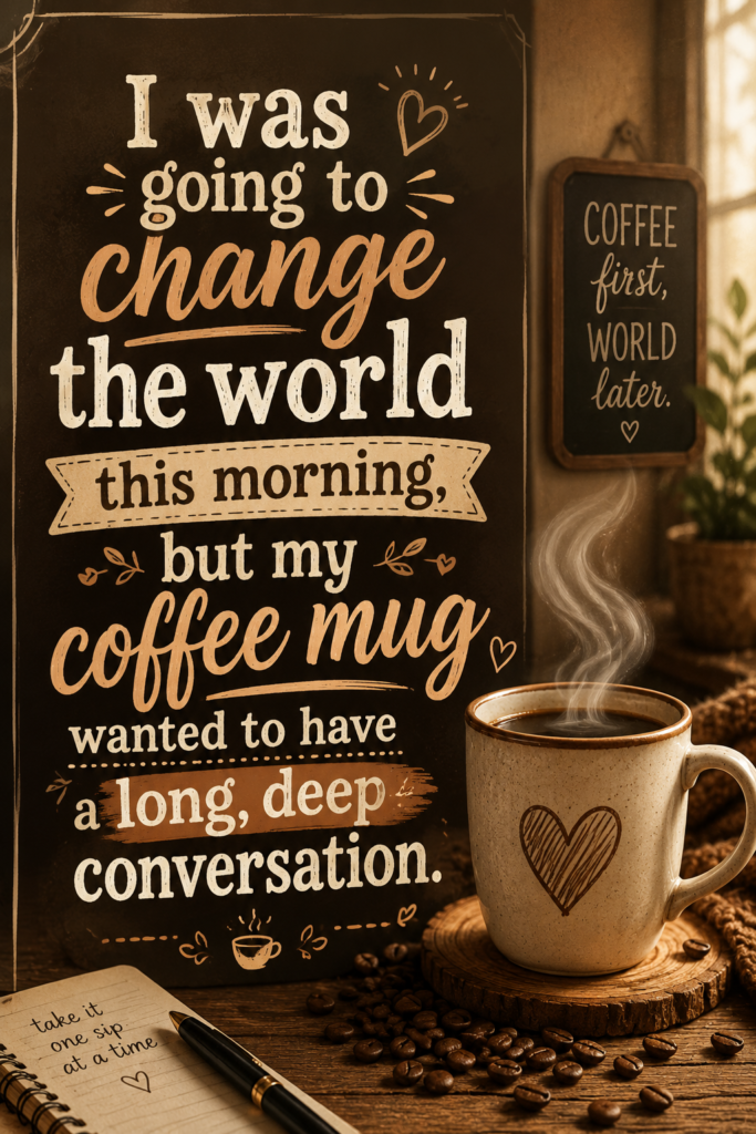 Warm coffee-brown aesthetic Pinterest pin featuring a steaming mug illustration and a cozy morning quote.