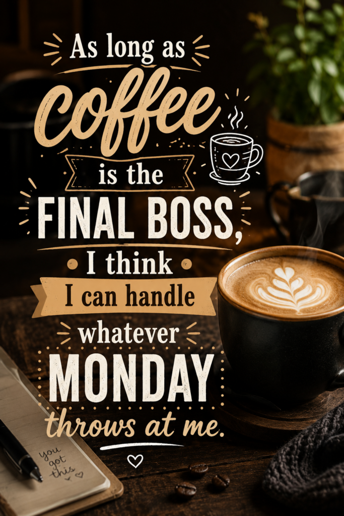 A cozy Pinterest pin with coffee-themed elements displaying the quote about coffee being the final boss on Monday.
