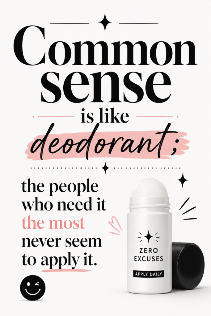 Chic magazine-style minimalist white and black Pinterest pin featuring a witty quote about common sense.