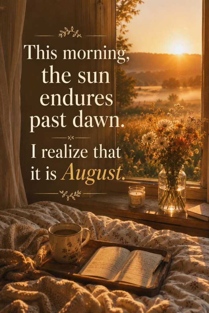 Cozy bedroom window with warm morning sunlight streaming in, text overlay: "This morning, the sun endures past dawn. I realize that it is August."