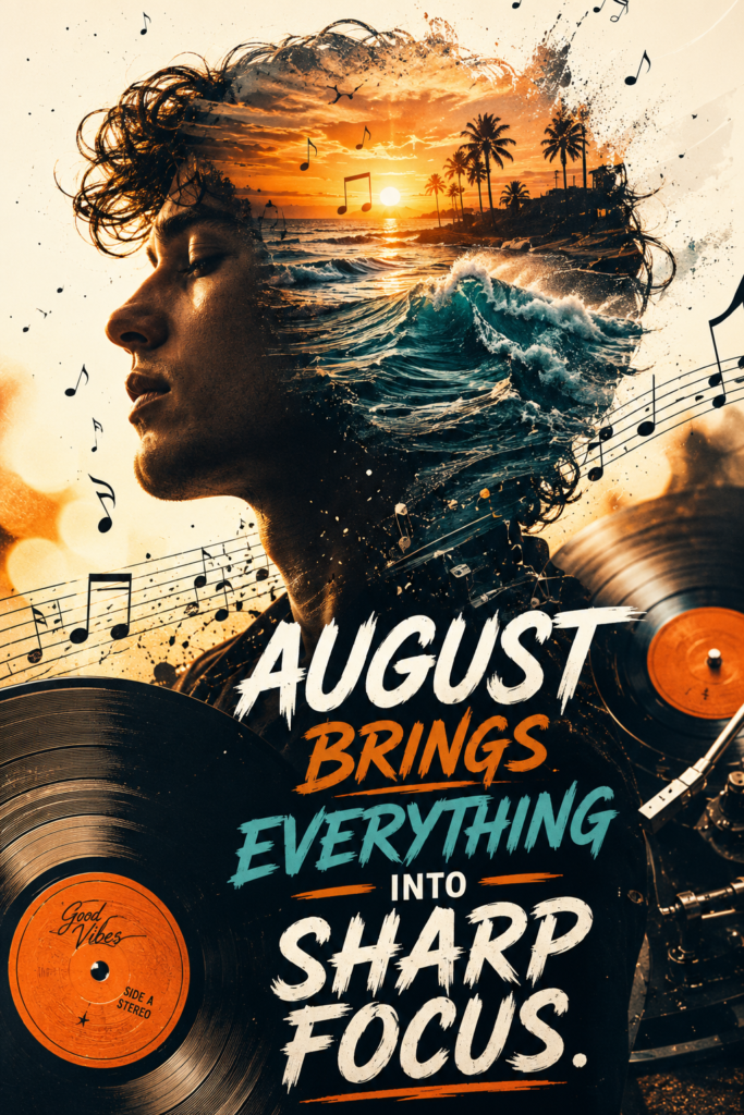 Artistic double exposure image of vinyl records and ocean waves, modern bold typography reads: "August brings everything into sharp focus."