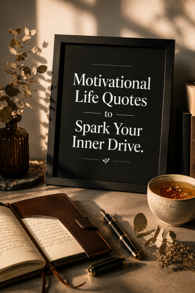 An aesthetic flat-lay desk setup featuring a framed sign with Motivational Life Quotes, an open journal, and eucalyptus leaves.