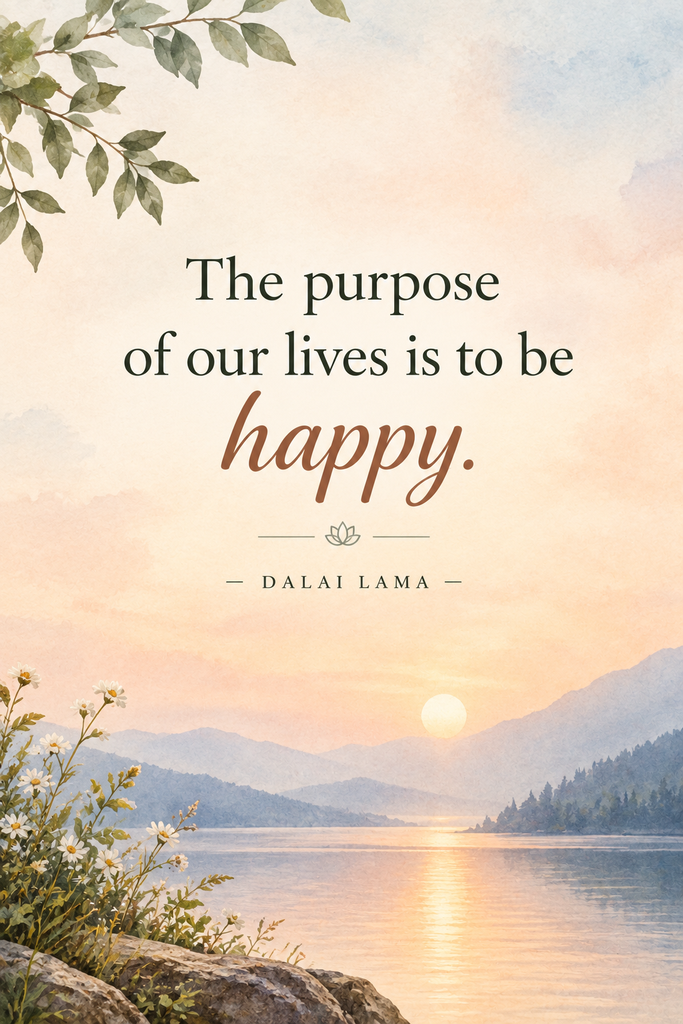 A clean, aesthetic graphic featuring a famous good life quote by the Dalai Lama about pursuing true happiness.