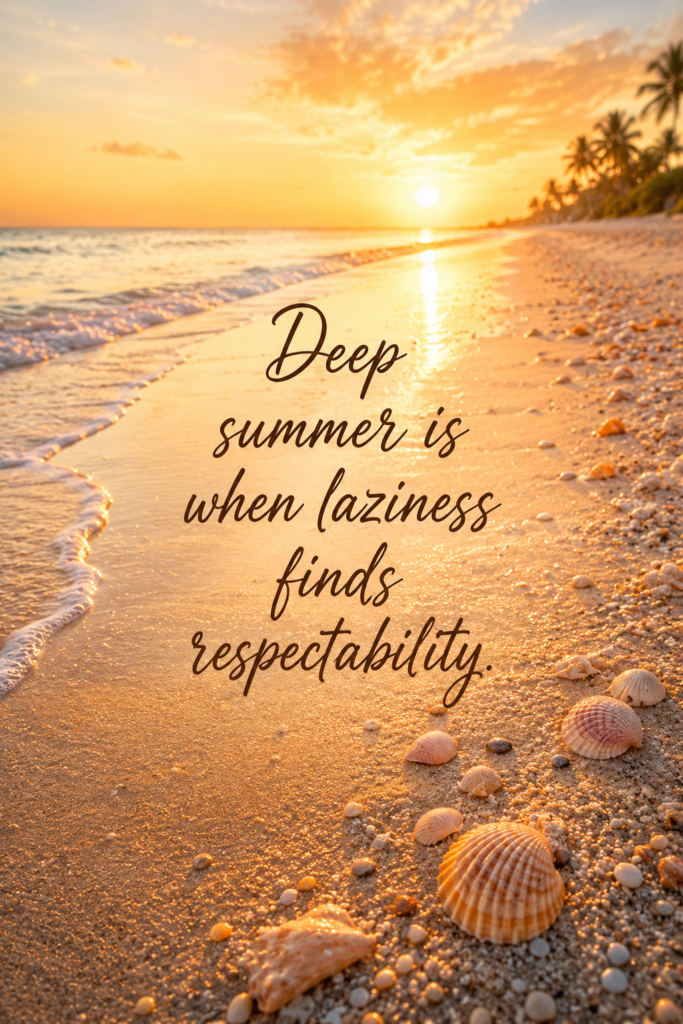 A vertical photo of a golden hour beach at sunset, with a large text overlay that reads: "Deep summer is when laziness finds respectability. – Sam Keen"