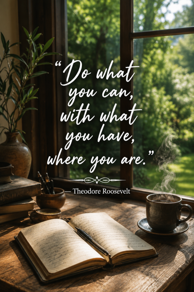 A cozy minimalist workspace with a notebook by a sunny window, featuring the Theodore Roosevelt quote.