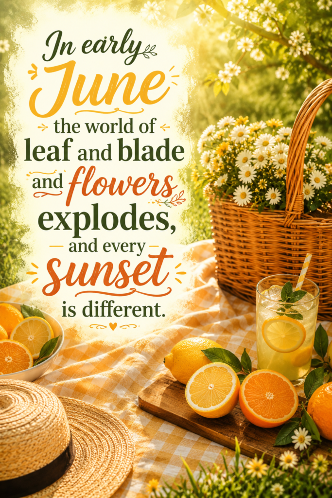 A cheerful summer picnic setup on grass with lemons and oranges, featuring the quote: "In early June the world of leaf and blade and flowers explodes, and every sunset is different. – John Steinbeck"