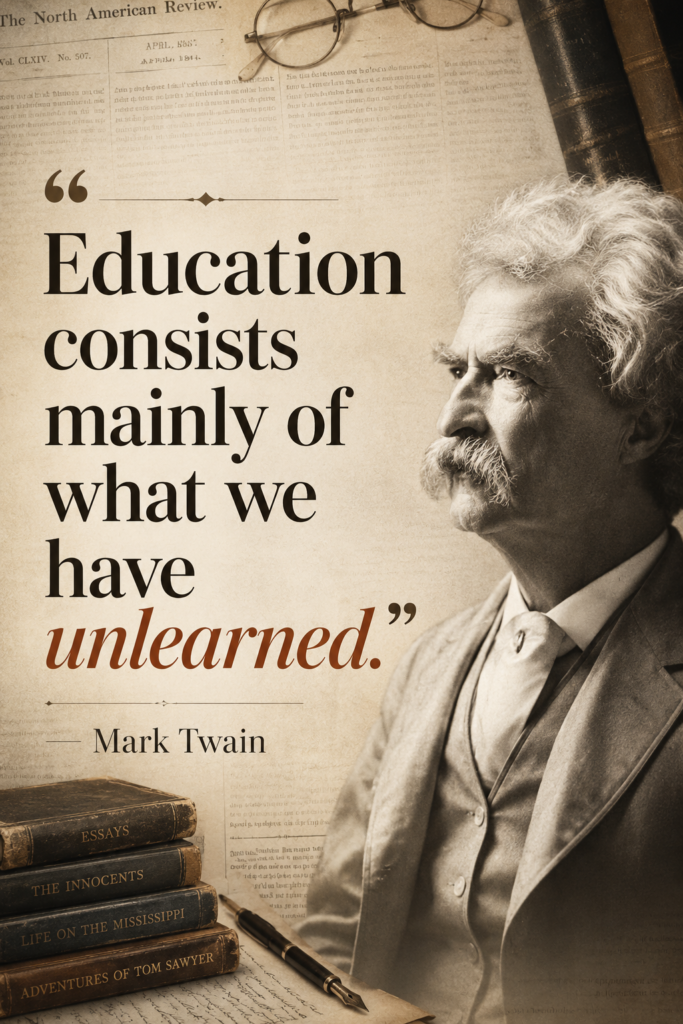 Vintage editorial style book texture overlay displaying Mark Twain's thought-provoking education quote.